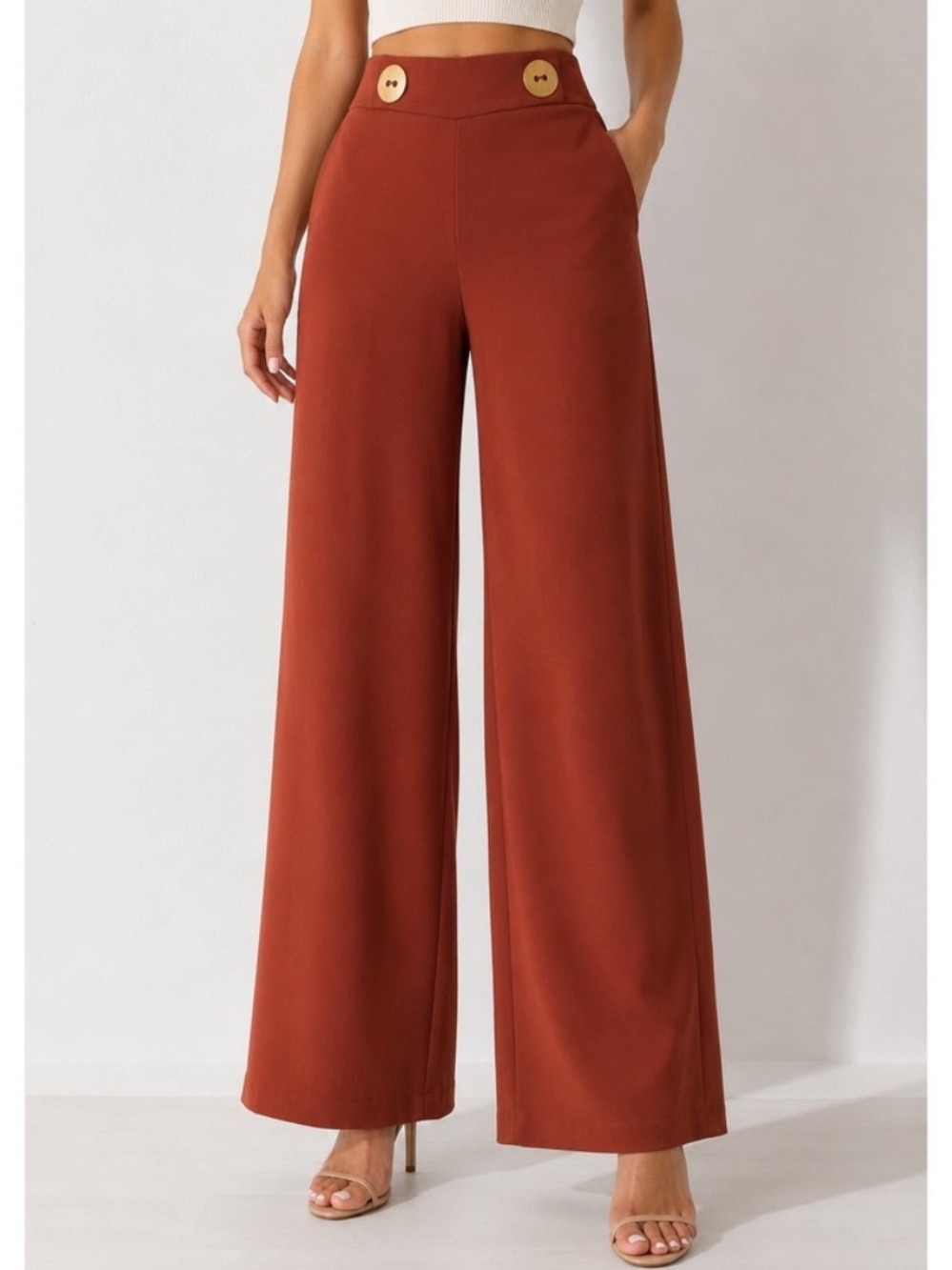 NWOT Zara Rust Wide-Leg High-Waist Palazzo Pants with Gold Button Detail